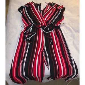 black, white, and red jumpsuit